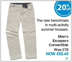 The new benchmark in multi-activity summer trousers. Men's Escapers Convertible. Was &pound;78. Now &pound;62.40.